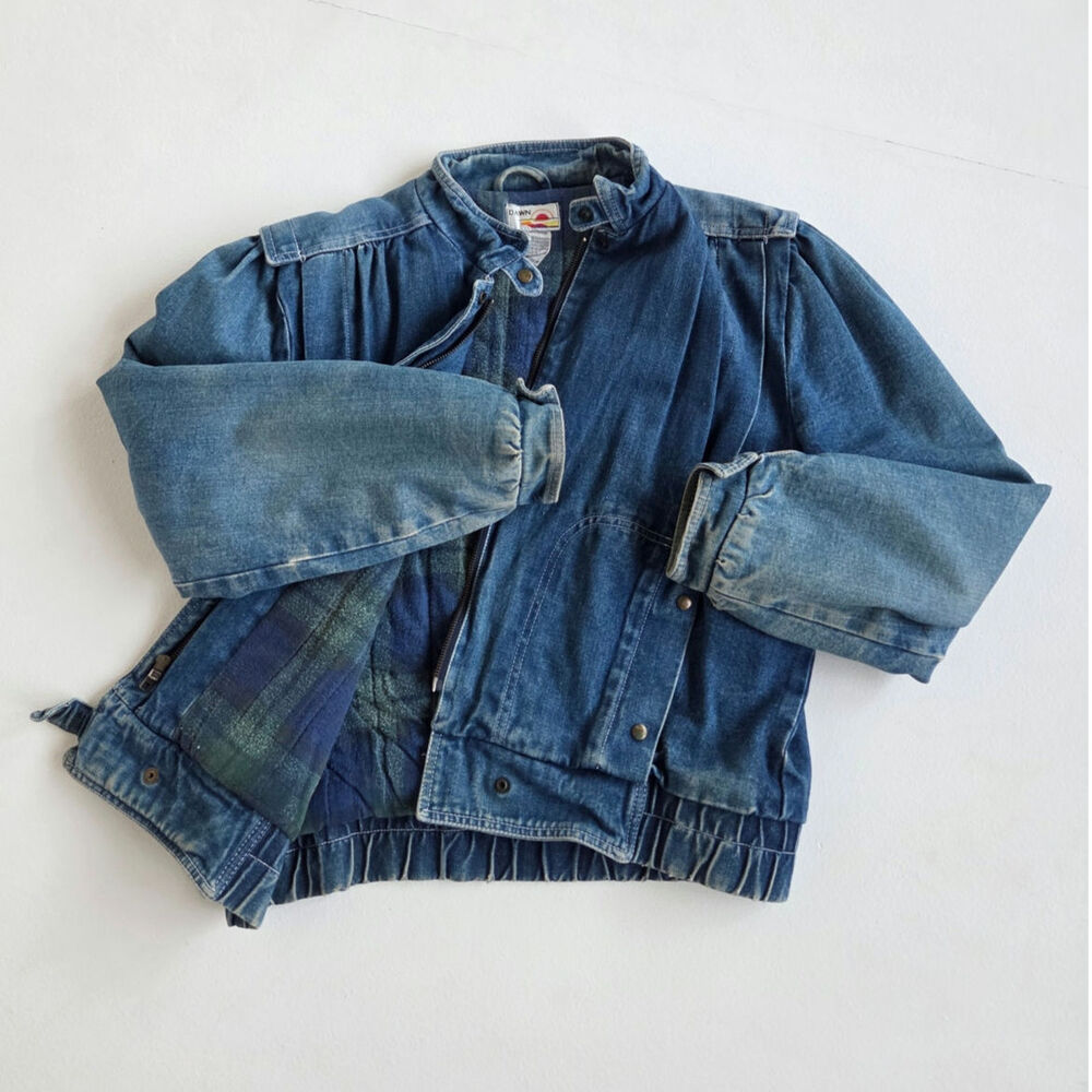 Vintage Dawn Womens Denim Jacket Flannel Lined Pleated Puff Sleeve Blue Cotton L